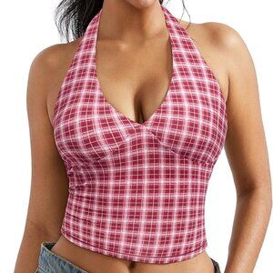 OMKAGI Red White Gingham Halter Crop Top Size M — Y2K Backless Tank